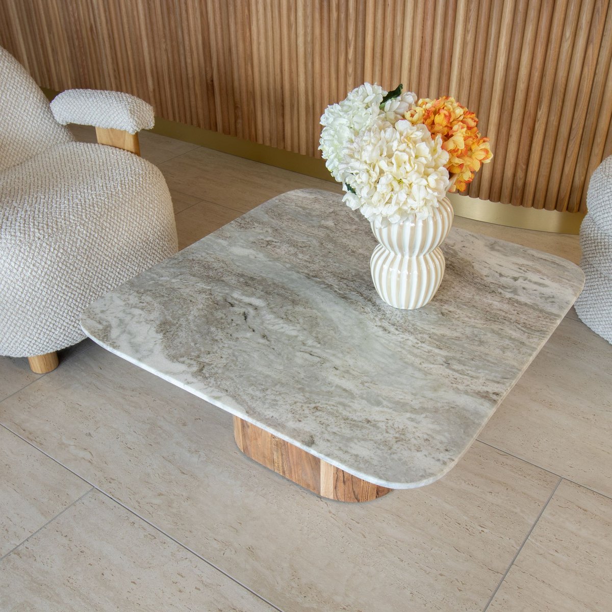 Table basse en marbre et pied en bois d'acacia, BERGEN gris, NOW'S HOME