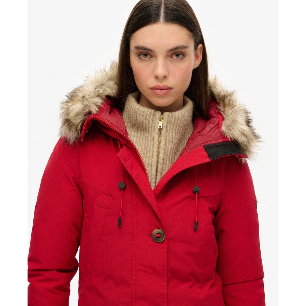 Parka à capuche en duvet imitation fourrure piment, SUPERDRY