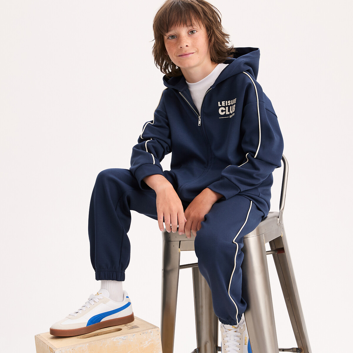 Conjunto de 2 peças, casaco com fecho zíper e capuz e calças de desporto, em moletão marinho, LA REDOUTE COLLECTIONS