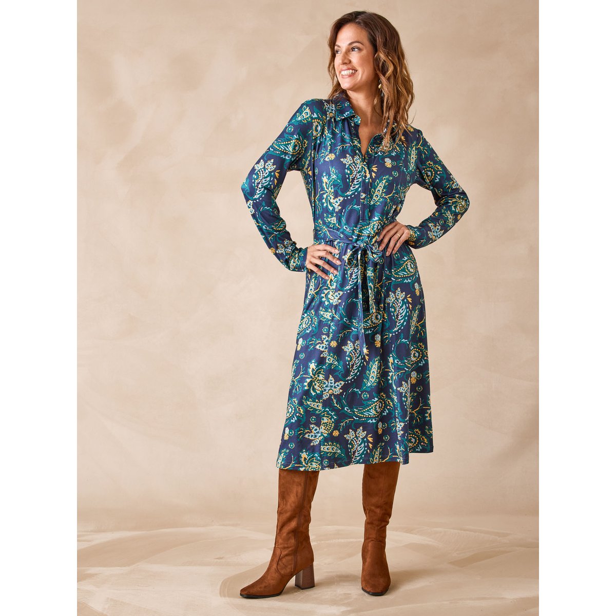 Robe chemisier maille chaude imprimé fond marine, DAXON