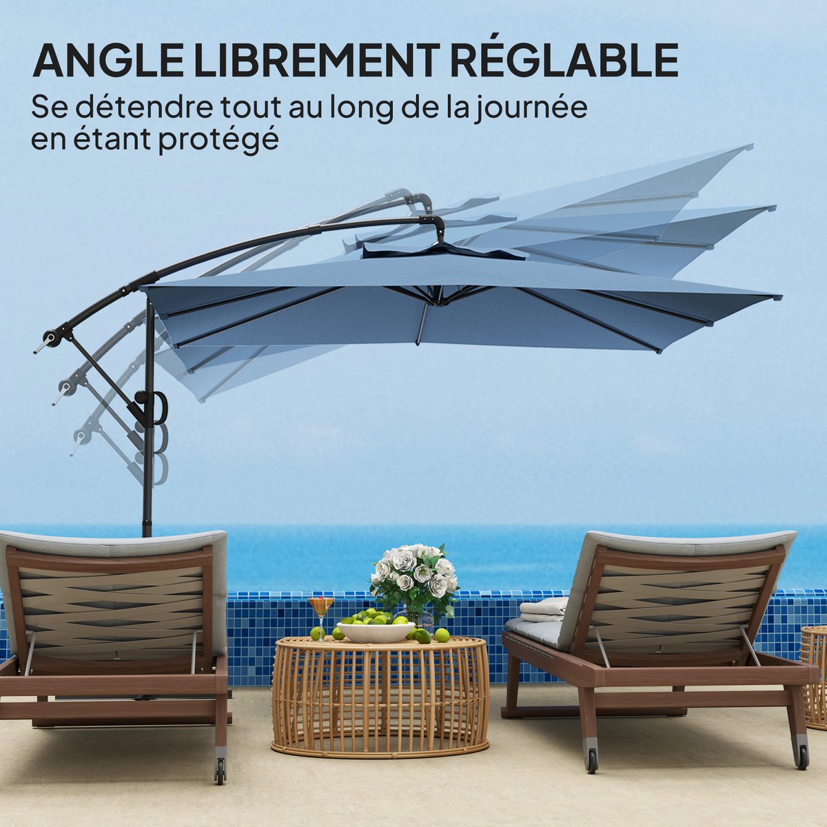 Parasol de terrasse à pied déporté Polyester bleu, OUTSUNNY