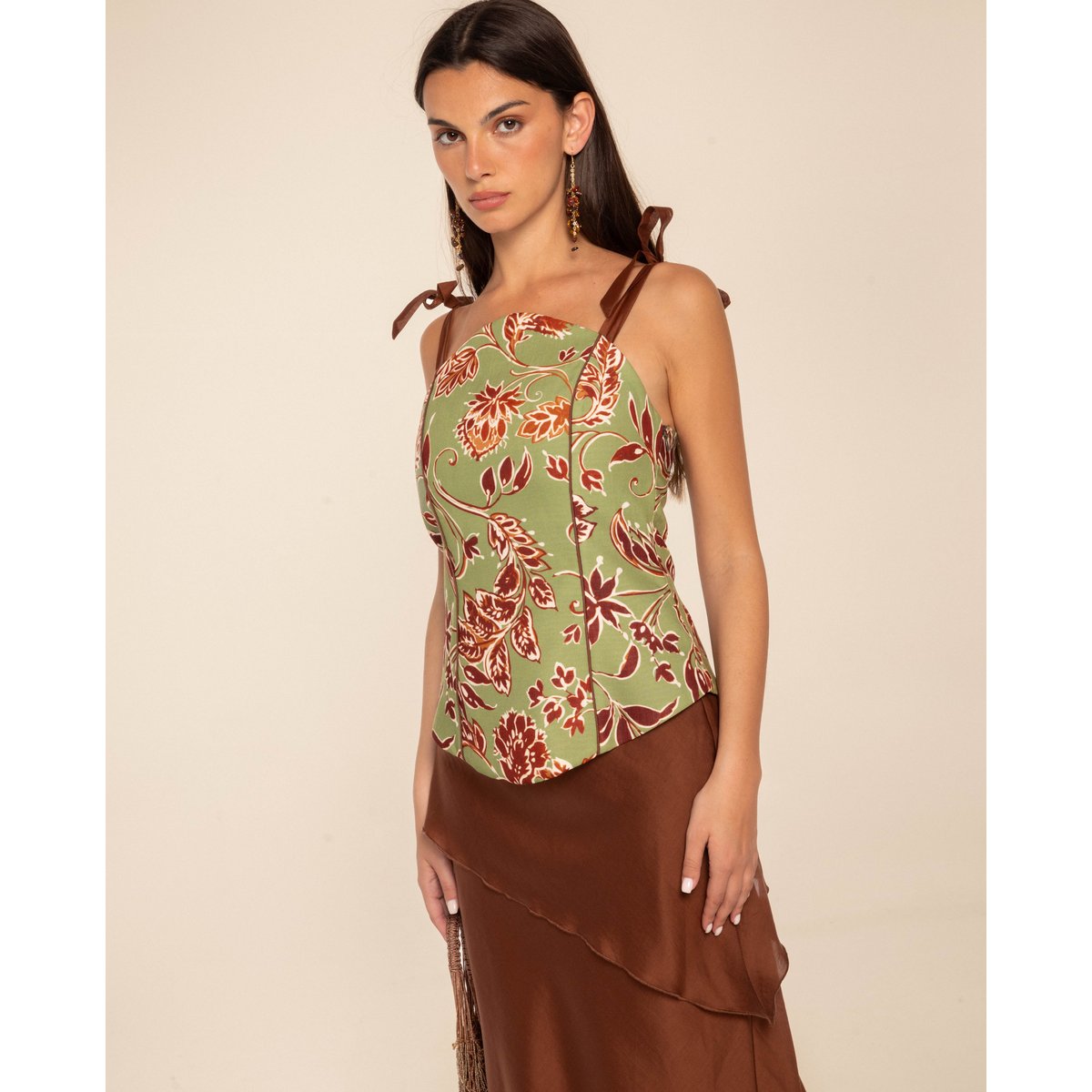 Top bustier imprimé à volants et passepoils vert, THE-ARE