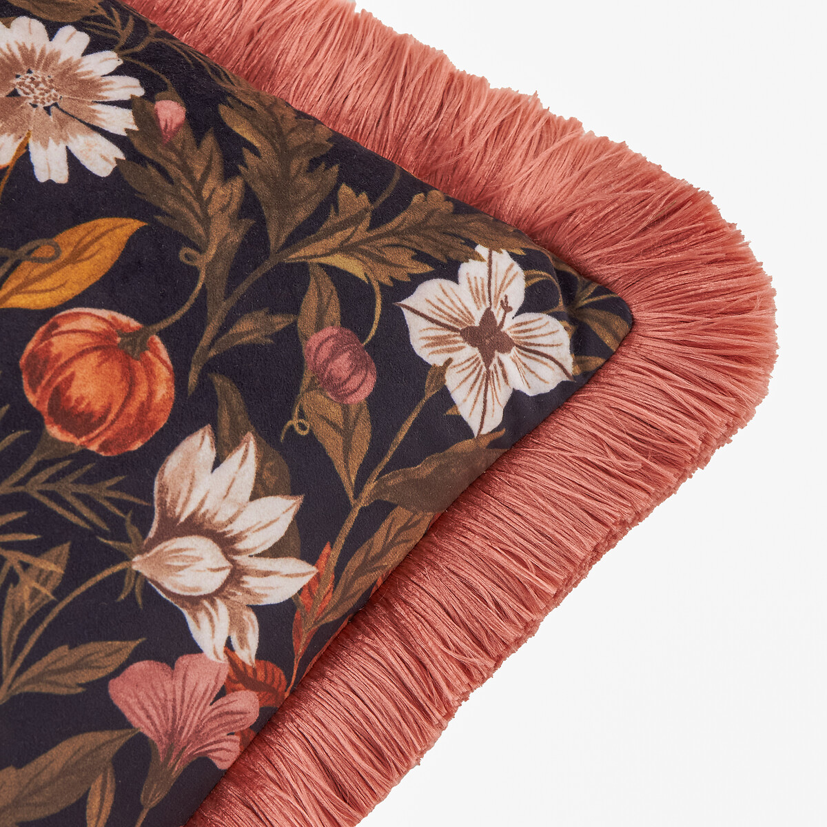 Wylder Autumn Garden Fringed Velvet Cushion blue + white + grey, FURN.