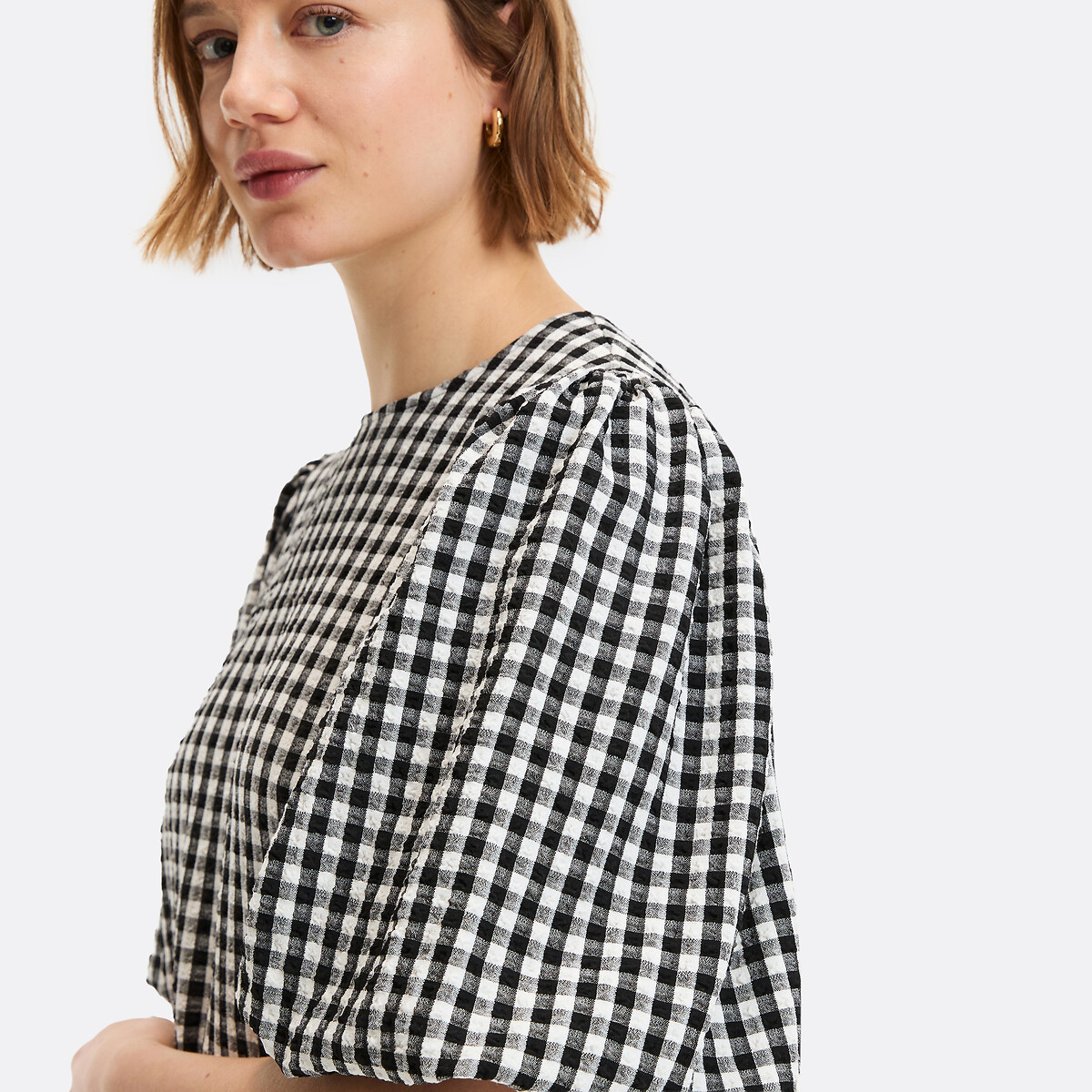 Blouse col rond, à carreaux, manches courtes ballon vichy noir blanc, LA REDOUTE COLLECTIONS