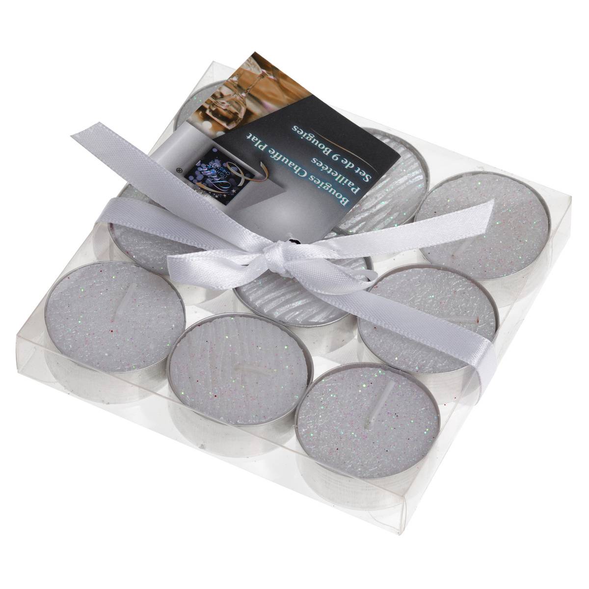 Lot de 9 bougies chauffe-plat pailletées 12 g blanc, FEERIC LIGHTS & CHRISTMAS