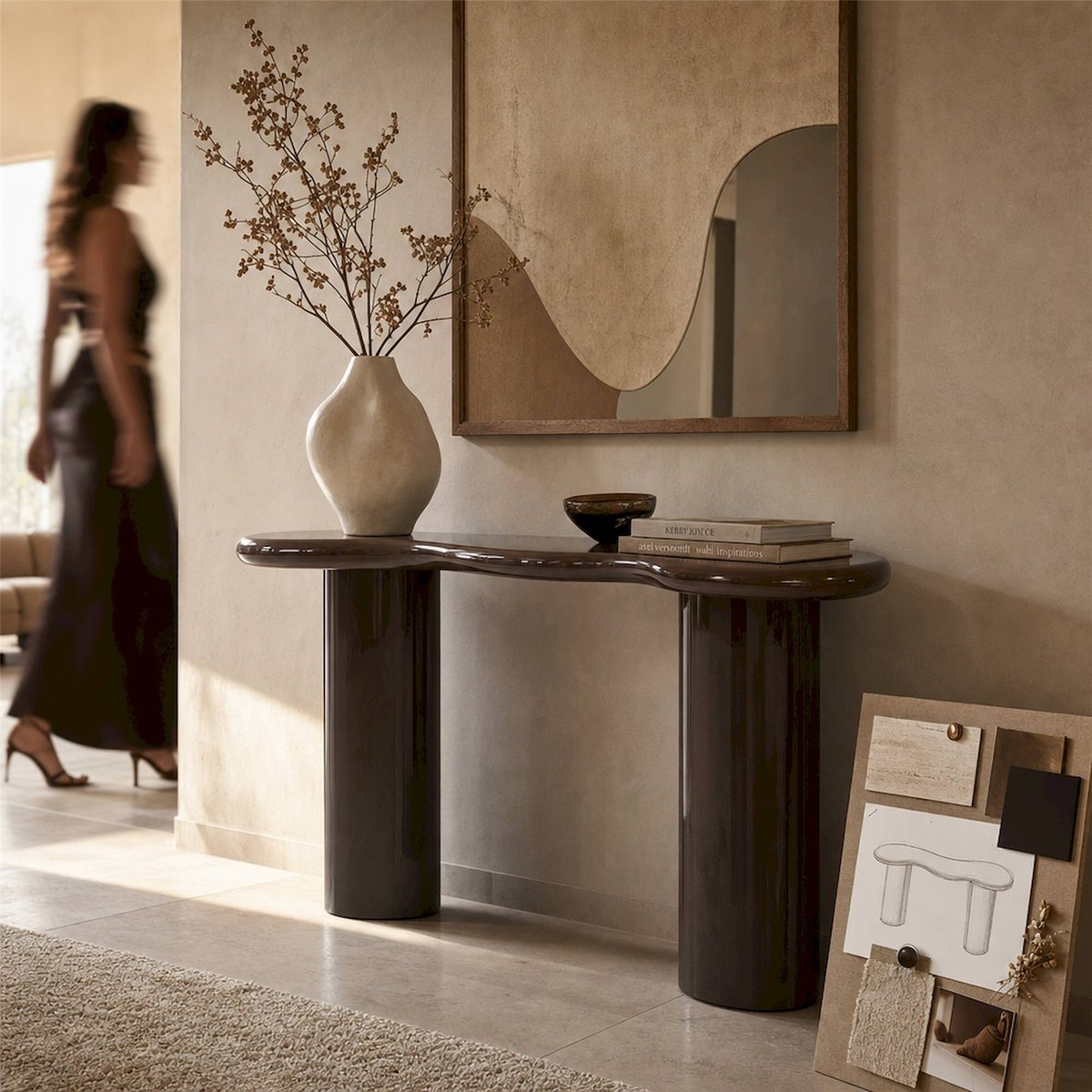 Console au design sculptural laquée châtaigne, RECOLLECTION