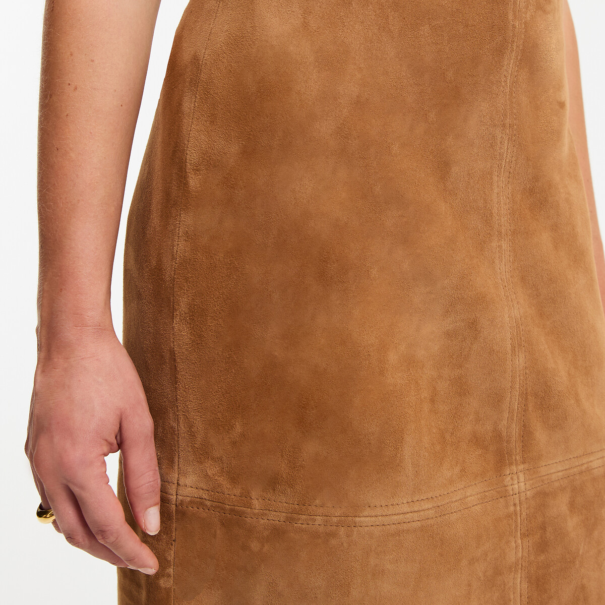 Jupe midi crayon en cuir de chèvre velours marron camel, LA REDOUTE COLLECTIONS