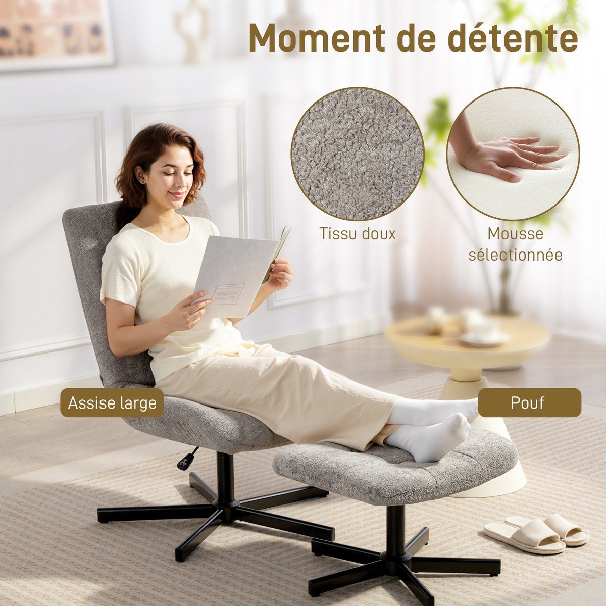 Fauteuil inclinable avec repose-pieds Velours gris, HOMCOM