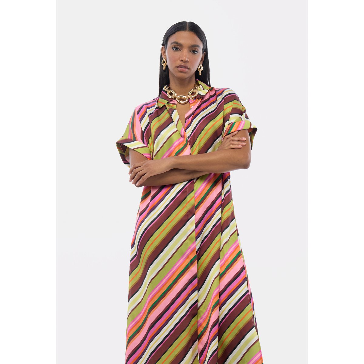 Robe chemise en satin à rayures diagonales multicolores ecru, LOLA CASADEMUNT