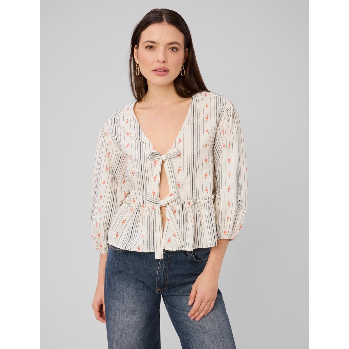 Blouse imprimée à nouer multicolore, BZB