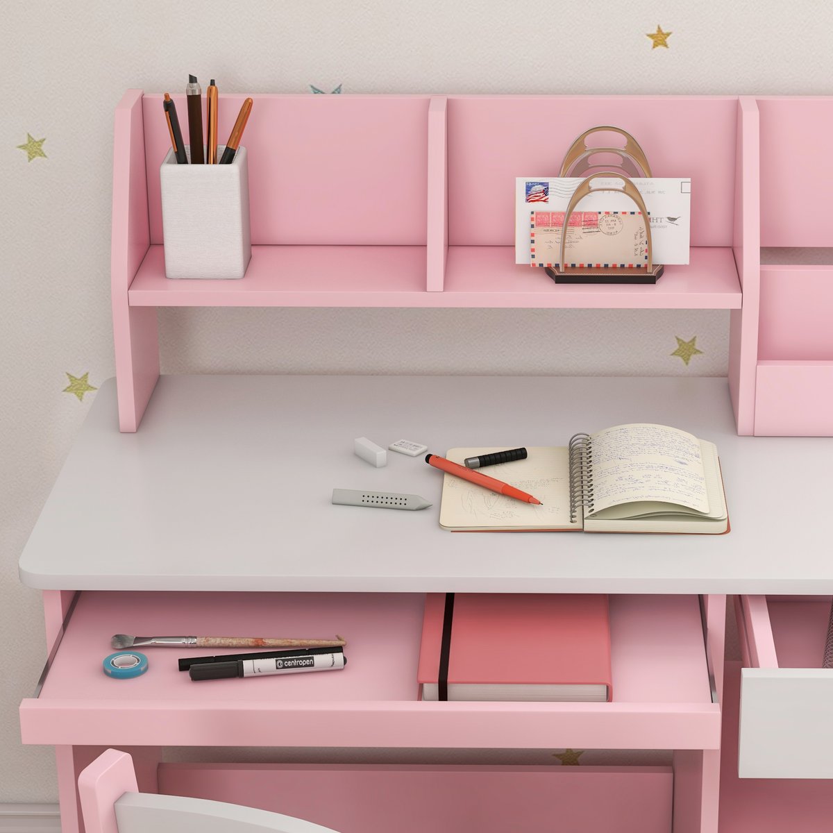 Bureau d'étude pour enfants avec chaise MDF rose et blanc, ZONEKIZ