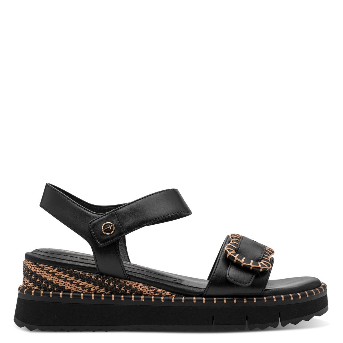 Sandales compensées en cuir noir, TAMARIS
