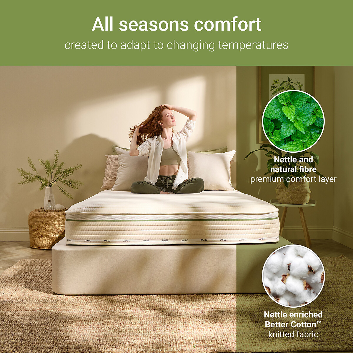 Jay-Be® Natural All Seasons Nettle Hybrid 2000 e-Pocket Mattress ecru/green, JAY-BE