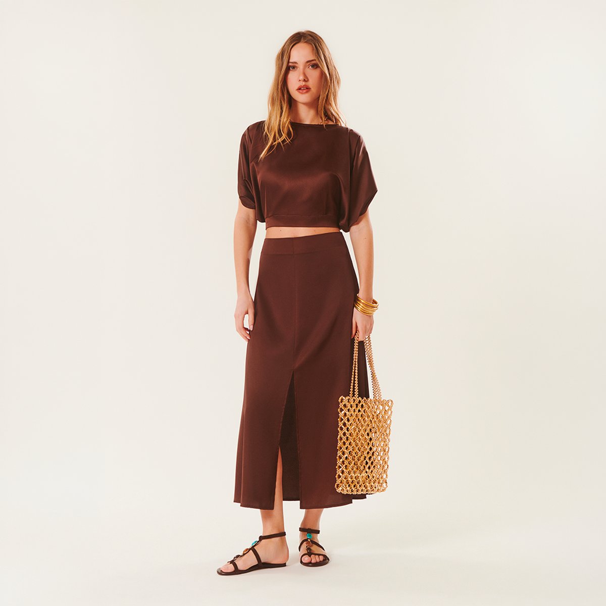 Jupe midi satinée ALBERTA marron, BENOA
