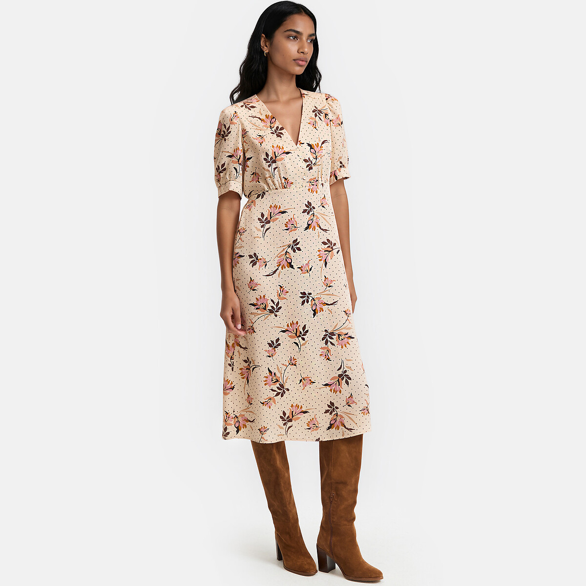 Robe midi col V, imprimé floral, manches courtes imprimé fleur rose, LA REDOUTE COLLECTIONS