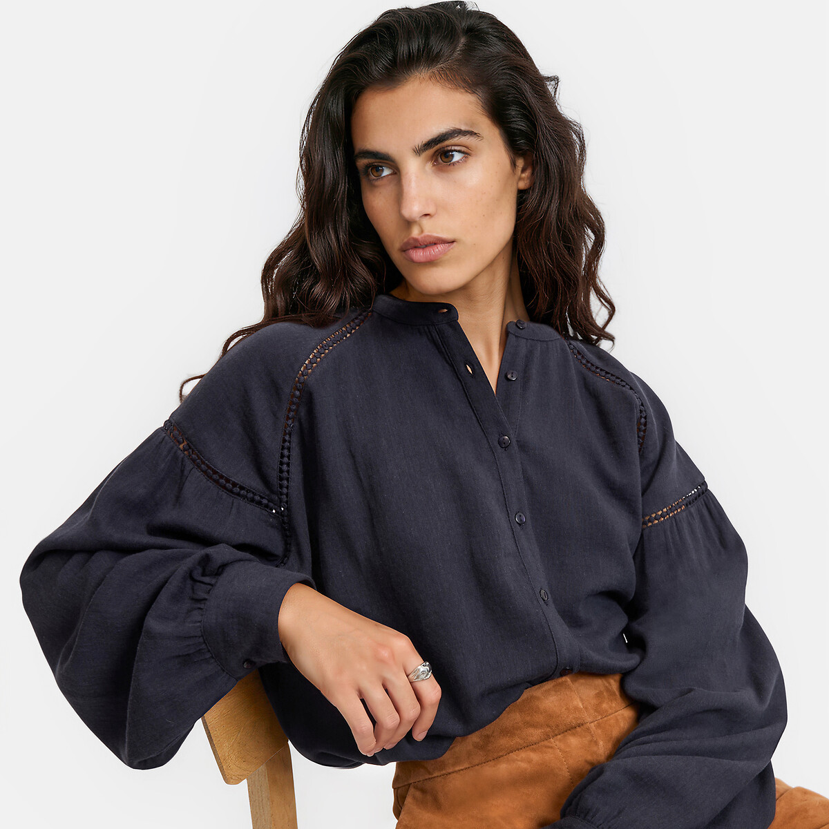 Blouse col rond manches longues avec détails ajourés bleu marine, LA REDOUTE COLLECTIONS