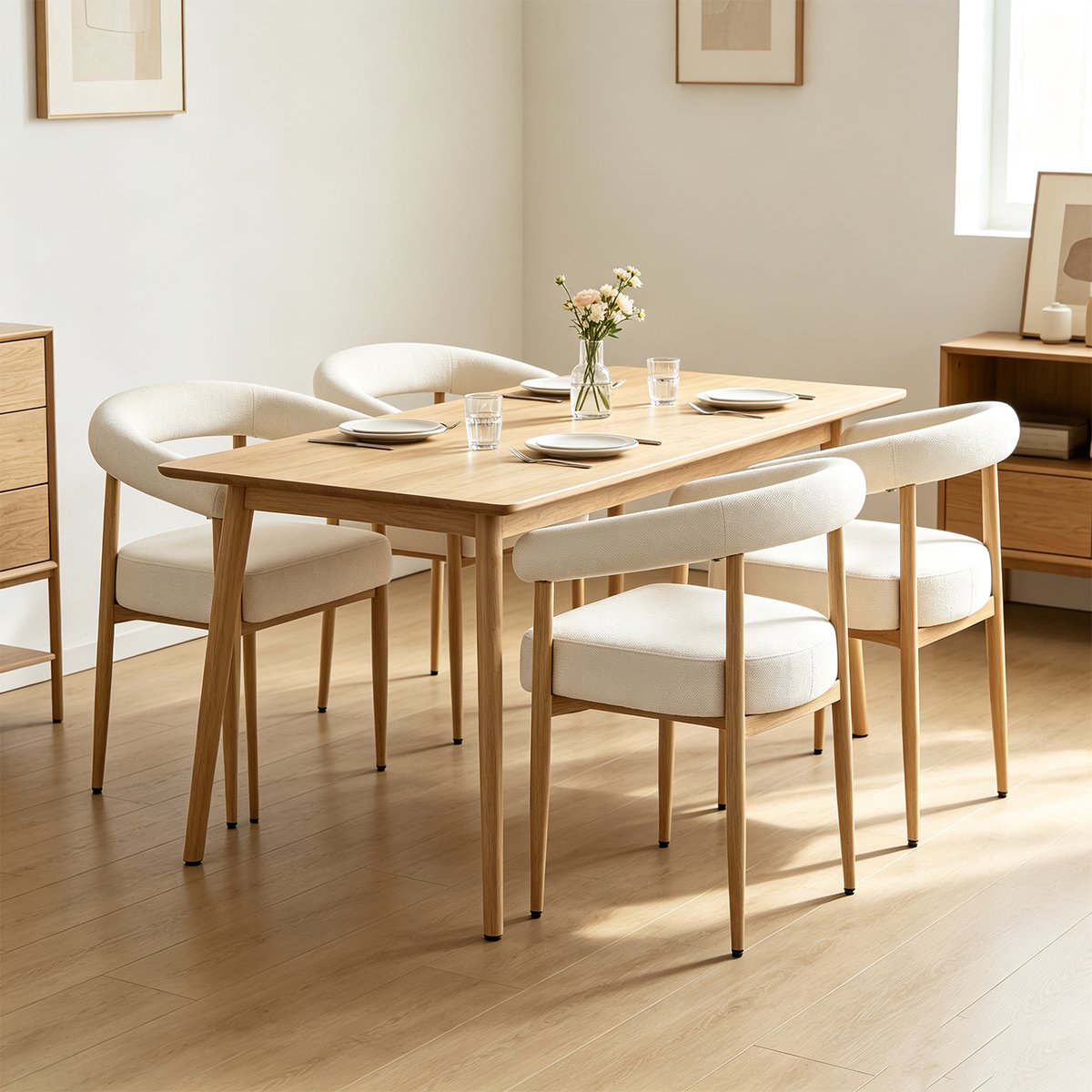 Lot de 4 fauteuils de salle à manger modernes en tissu chenille, HUGG blanc, MEUBLES COSY
