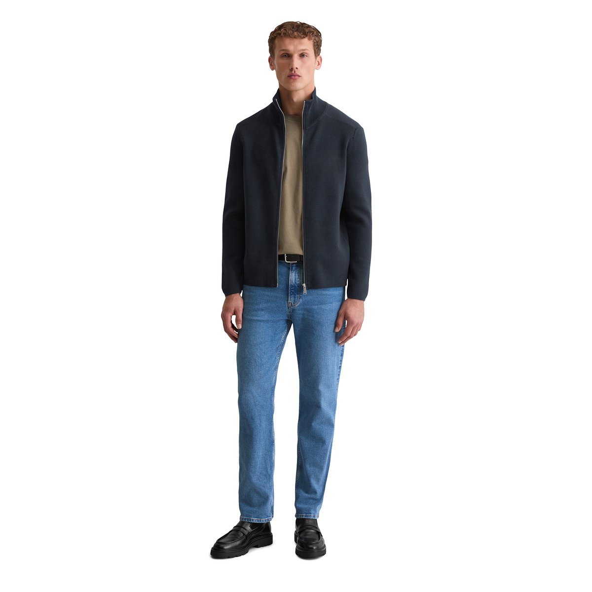 Cardigan zippé regular en pur coton bio bleu foncé, MARC O'POLO