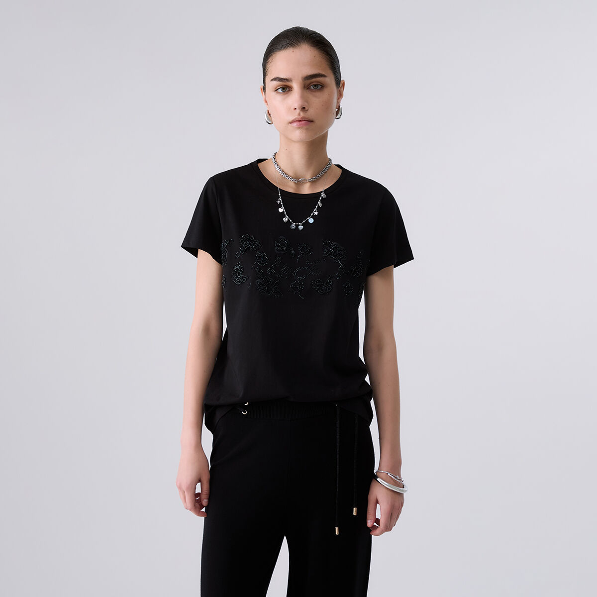 T-shirt avec strass noir et ramage, LIU JO