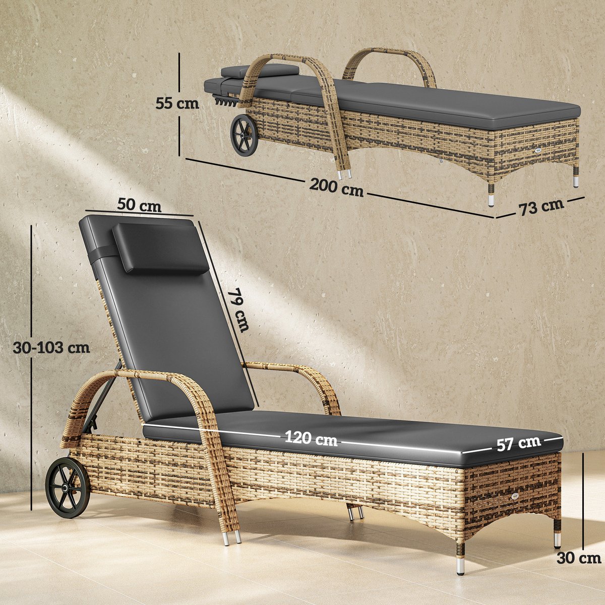 Chaise longue individuelle en rotin (modèle « gris, OUTSUNNY