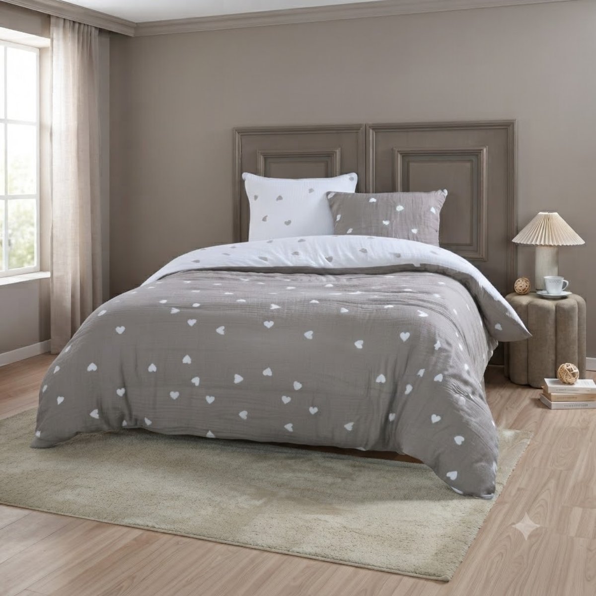 Parure de lit Charme en gaze de coton taupe, EDEN