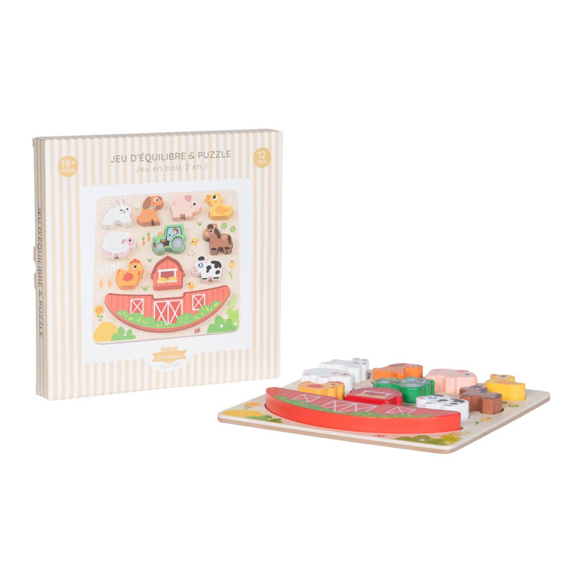 Puzzle équilibre Animaux de la ferme en bois FSC rouge, AMADEUS LES PETITS