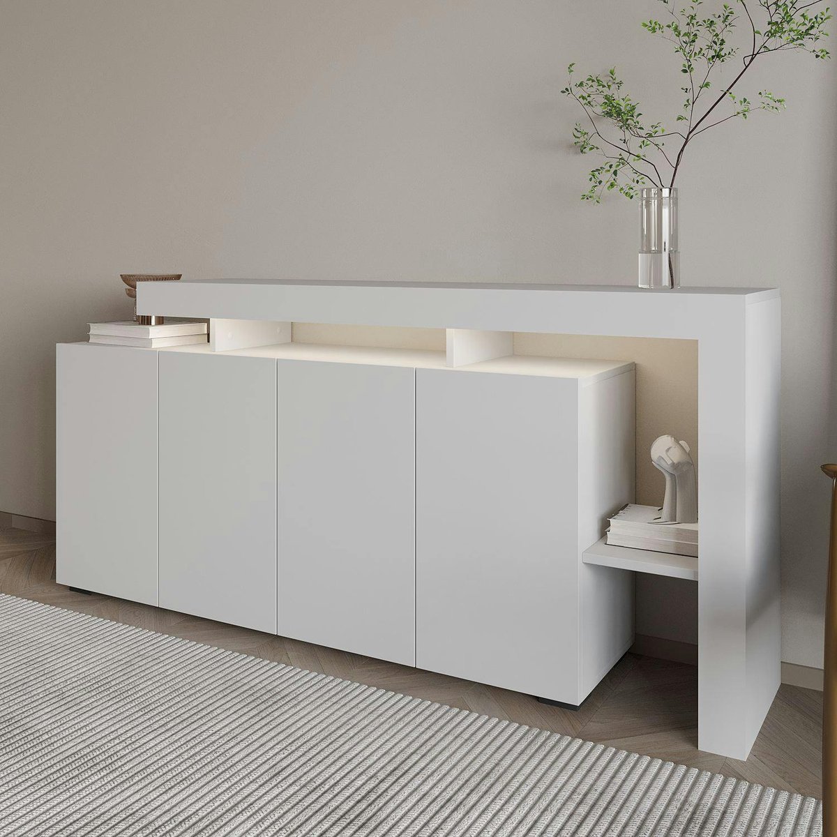 Buffet asymétrique 4 portes, éclairage LED AURA blanc, PIER IMPORT
