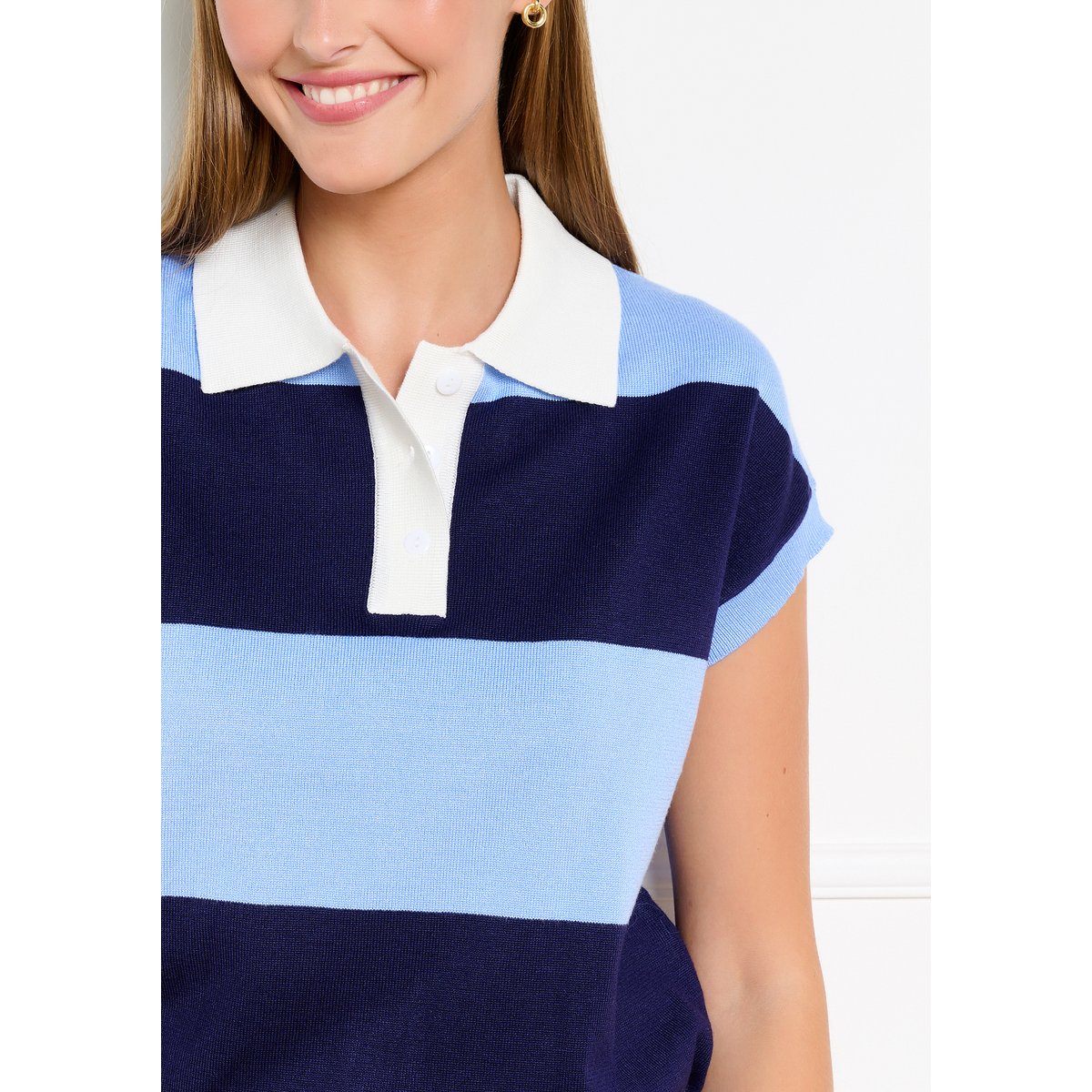 Pull polo à larges rayures bleu marine, LOLALIZA