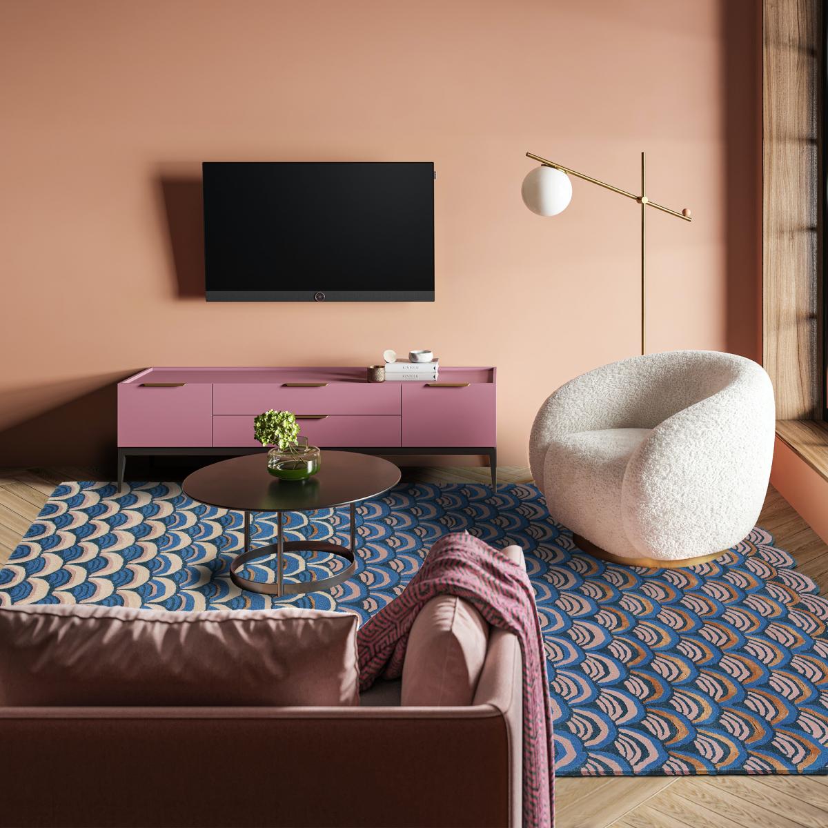 Tapis salon et chambre fait à la main en laine MASQUARADE bleu, rose, UN AMOUR DE TAPIS