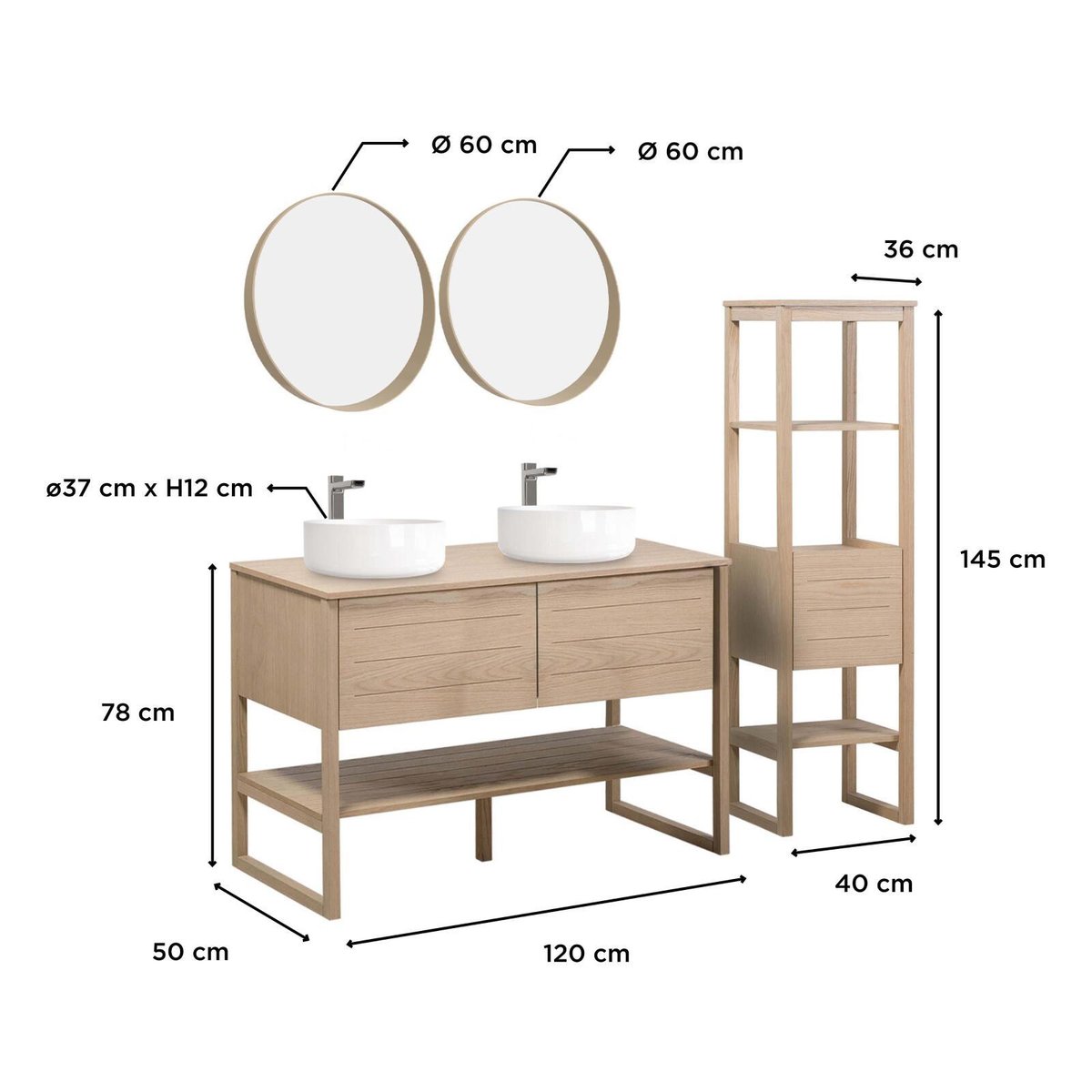 Meuble double 120cm chêne colonne vasques robinets miroirs ATOLL v002233, MOB IN
