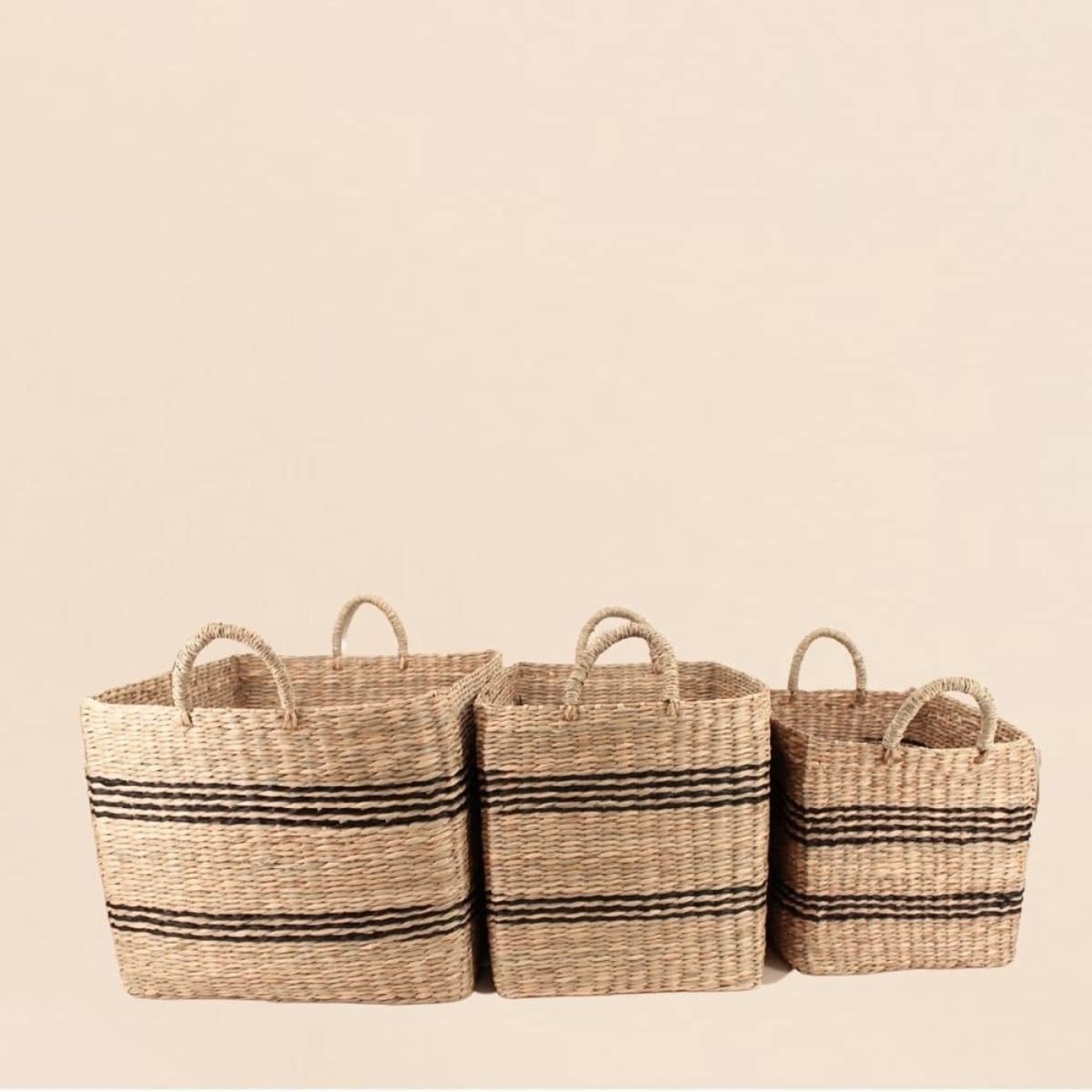 Set de 3 paniers rectangulaires en jonc de mer avec poignées beige, ORNAMI