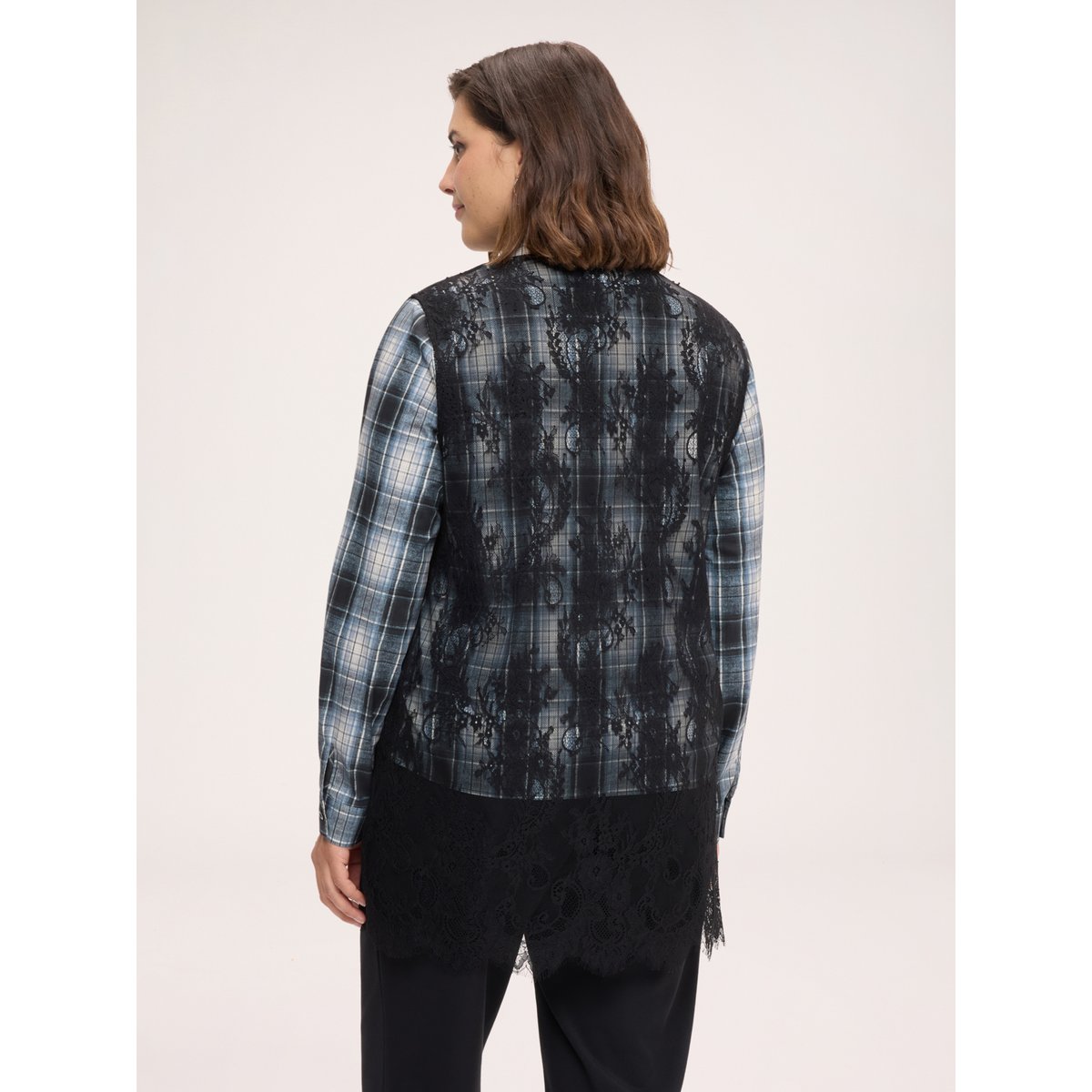Chemise à carreaux avec empiècements en dentelle florale noir, FIORELLA RUBINO