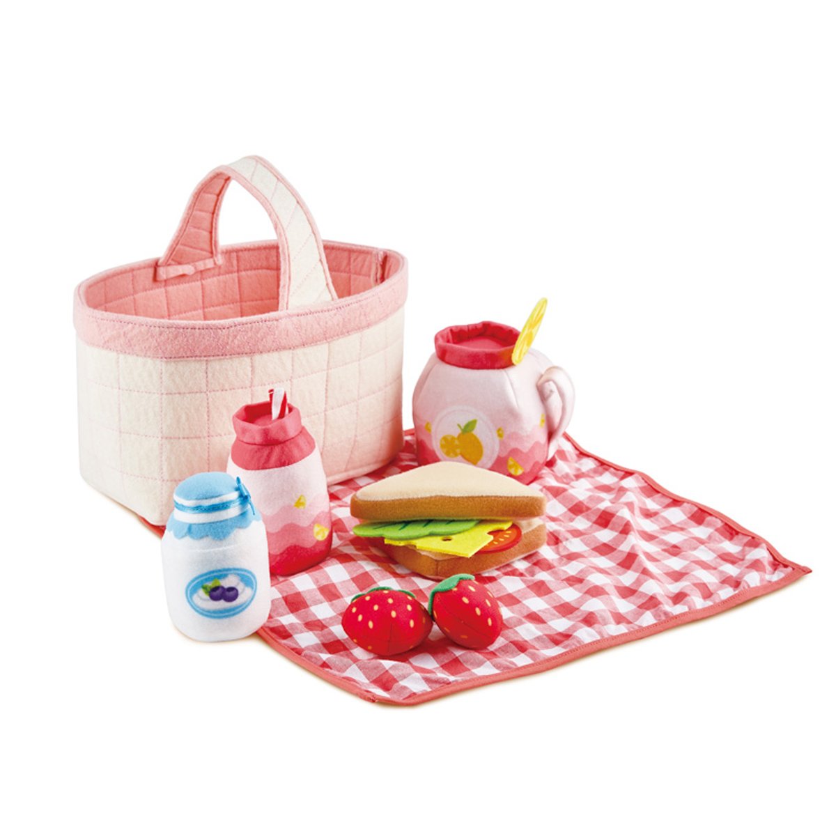 Panier de pique-nique et accessoires en tissu rouge, rose, bleu, HAPE