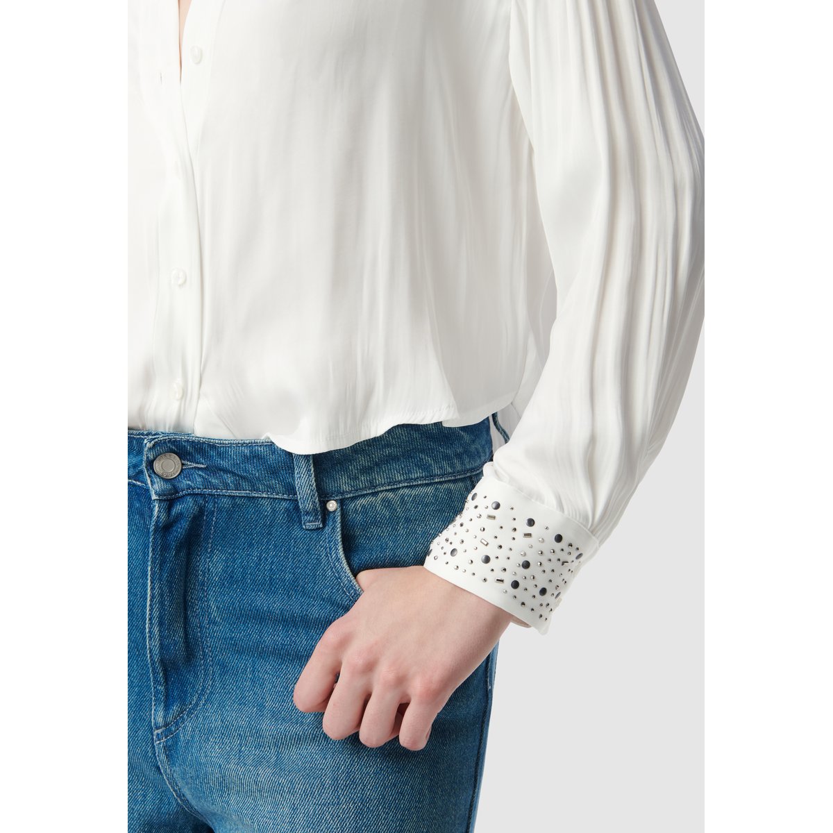 Chemise recyclée décor clous et strass blanc cassé, IKKS
