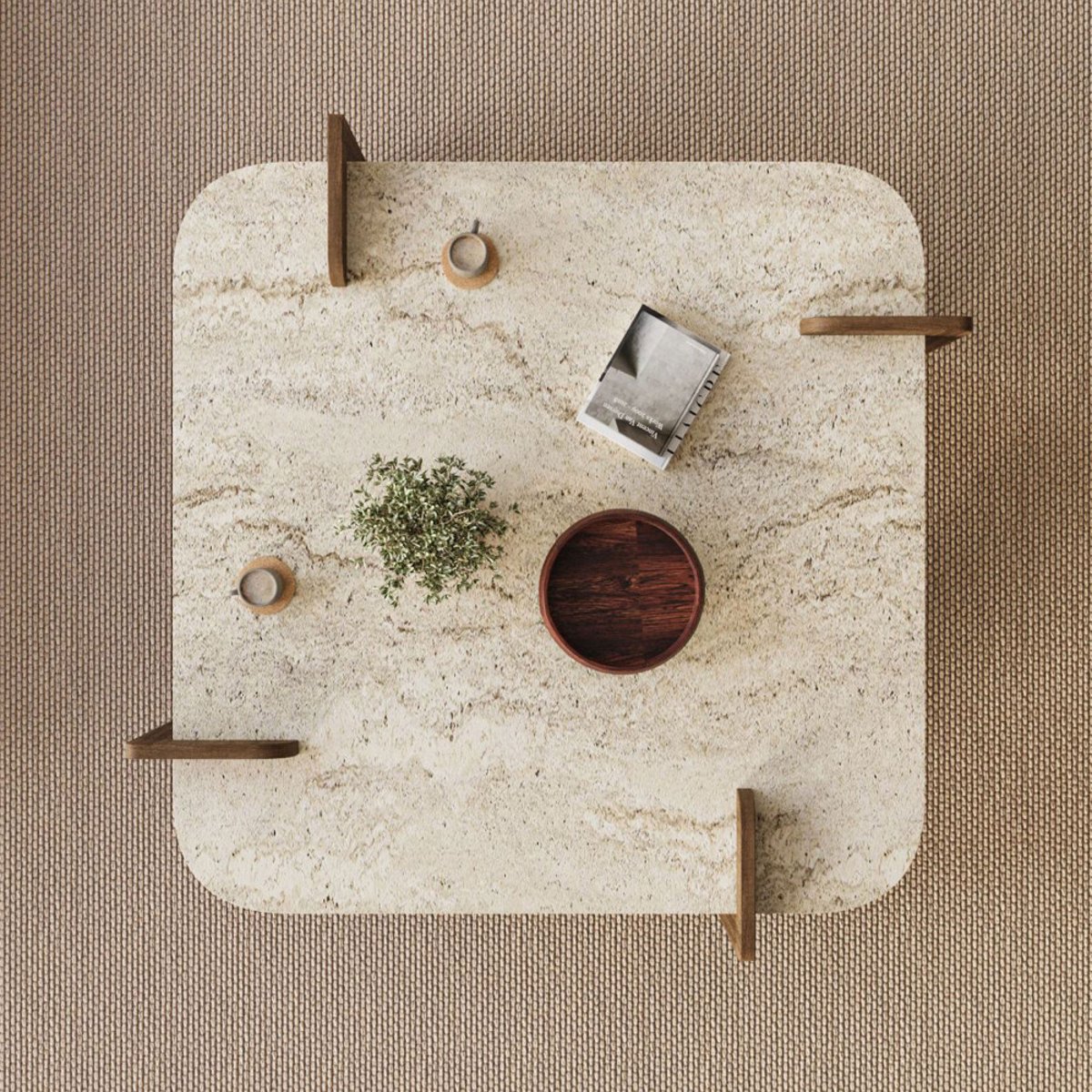Table basse en bois et effet travertin 90x90cm- SOLENI beige, DRAWER