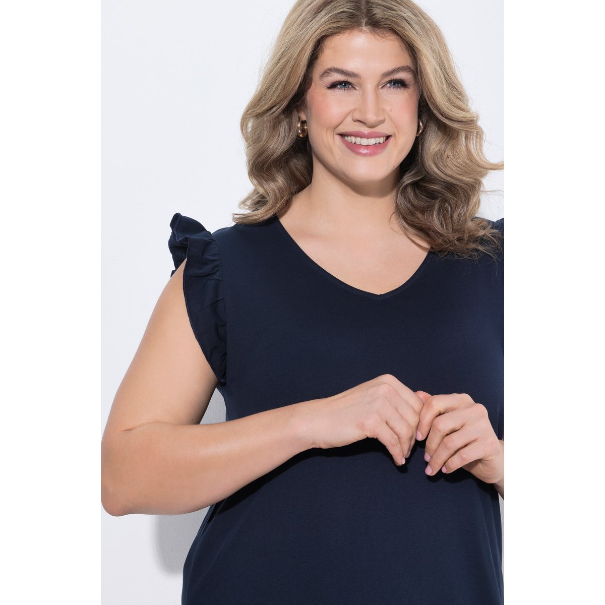 Robe midi en coton bio, décolleté en V marine, ULLA POPKEN