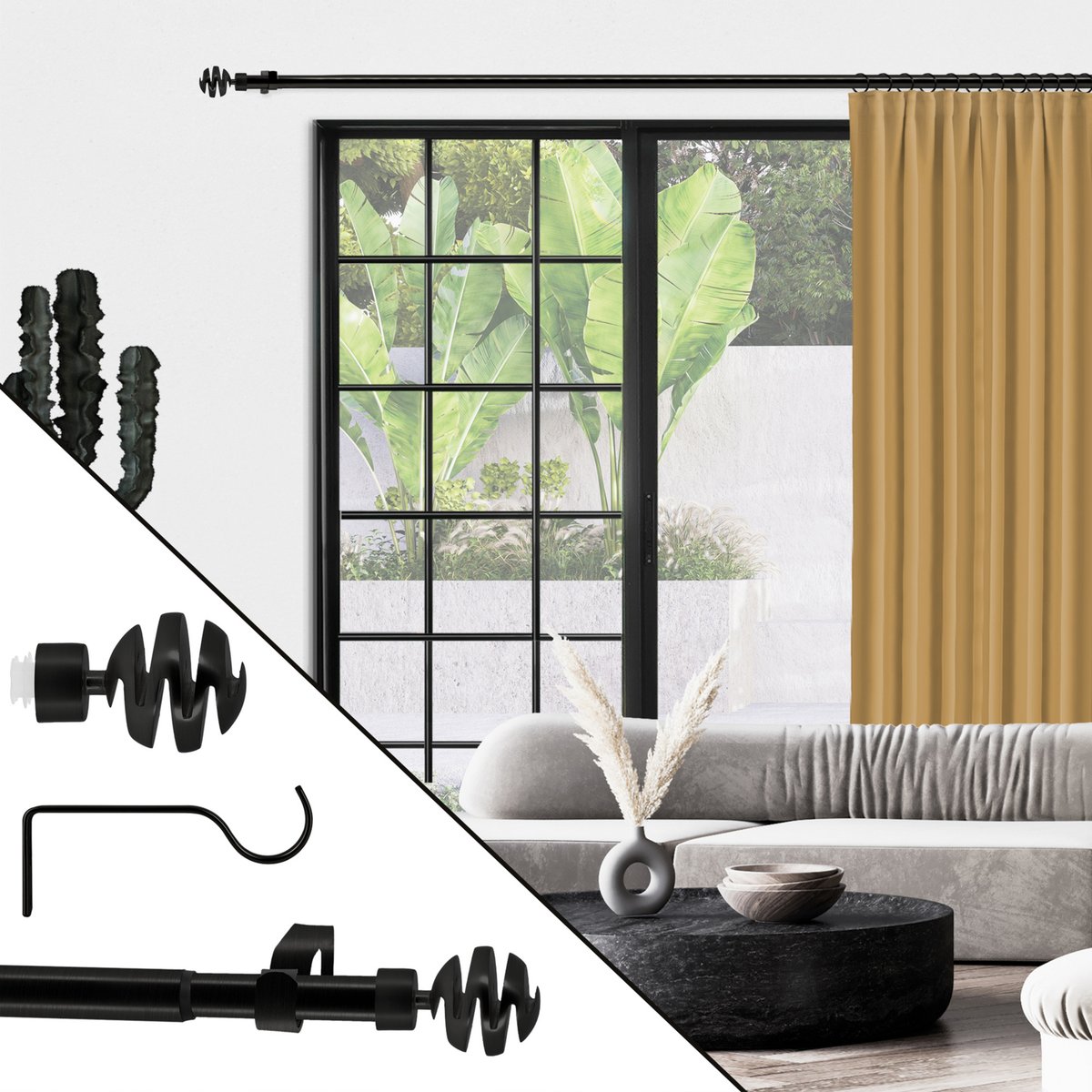 Kit tringle à rideaux extensible avec embouts spirales D19-16mm noir, MOBOIS