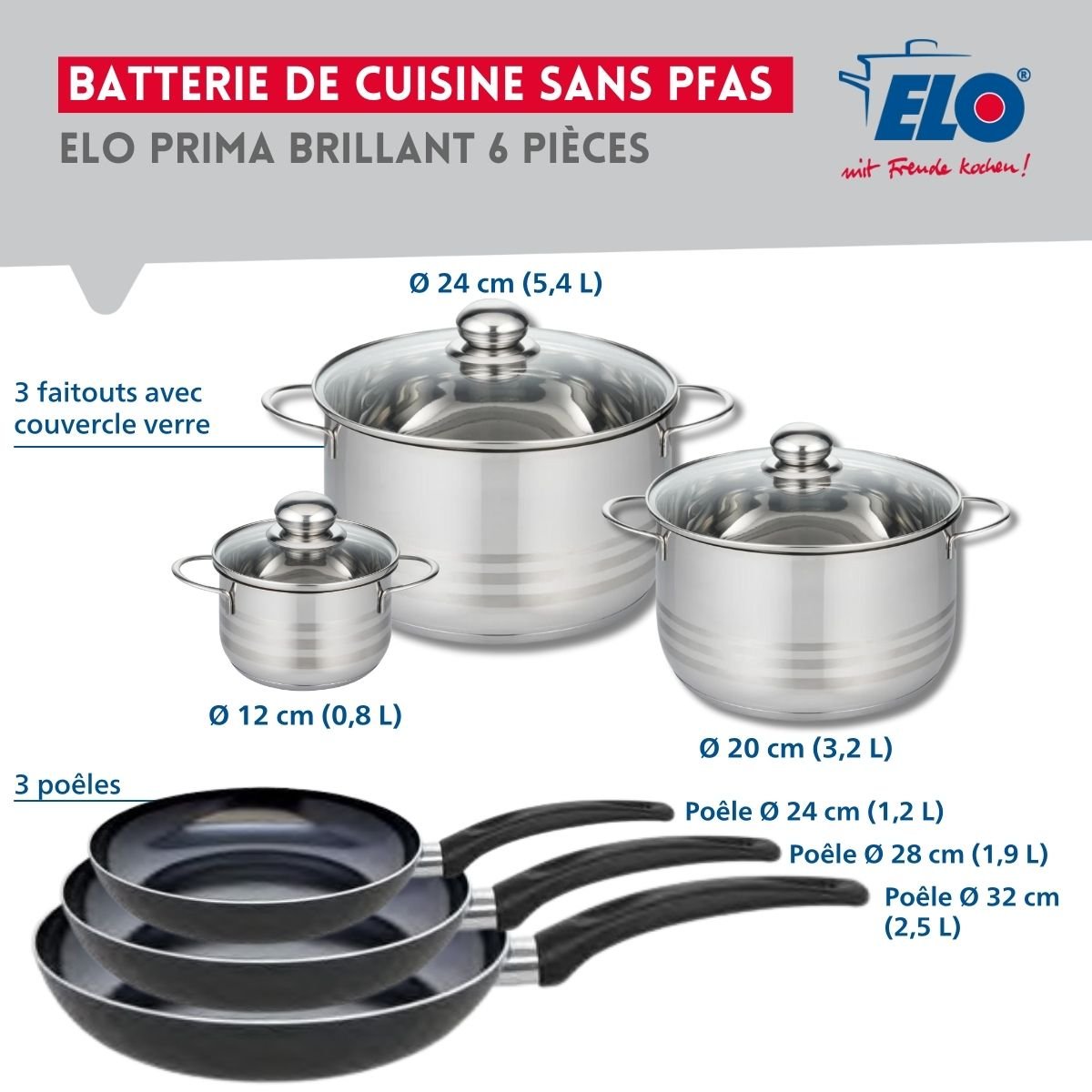 3 poêles 24/28/32cm + 3 faitouts 12/20/24cm PRIMA BRILLANT noir, ELO