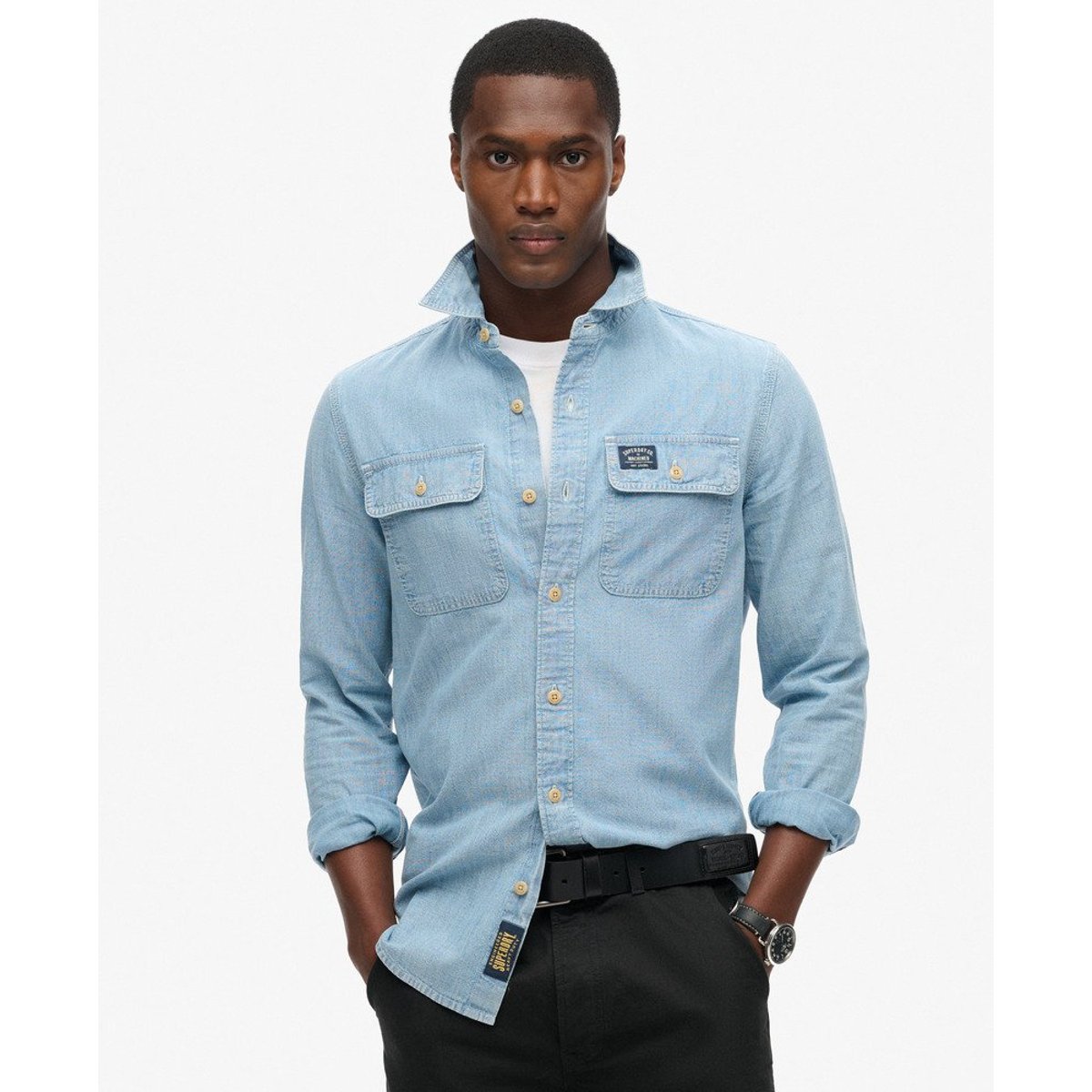 Chemise à manches longues en coton Workwear bleu clair, SUPERDRY