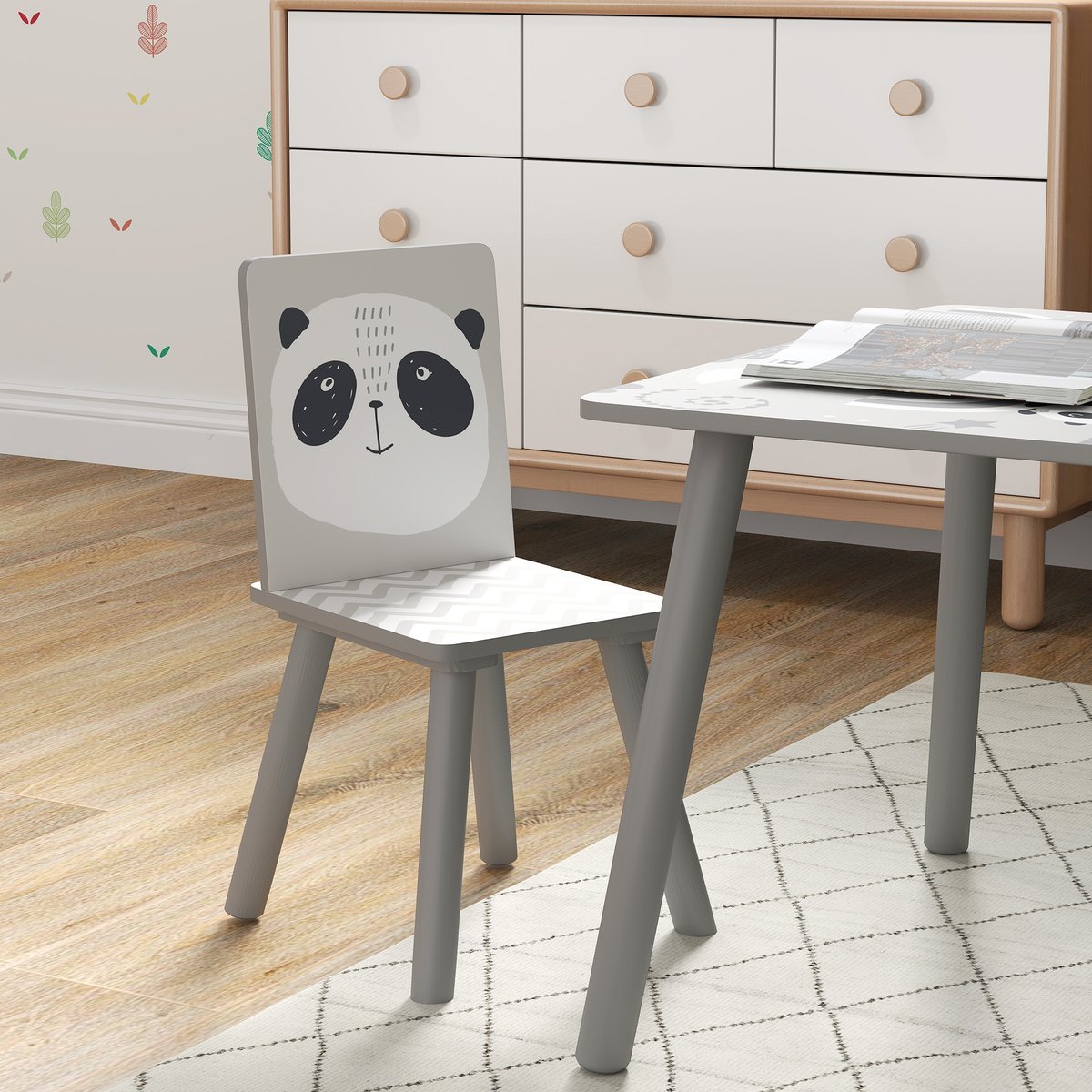 Ensemble table et chaises pour enfants MDF gris, blanc, motif panda, ZONEKIZ