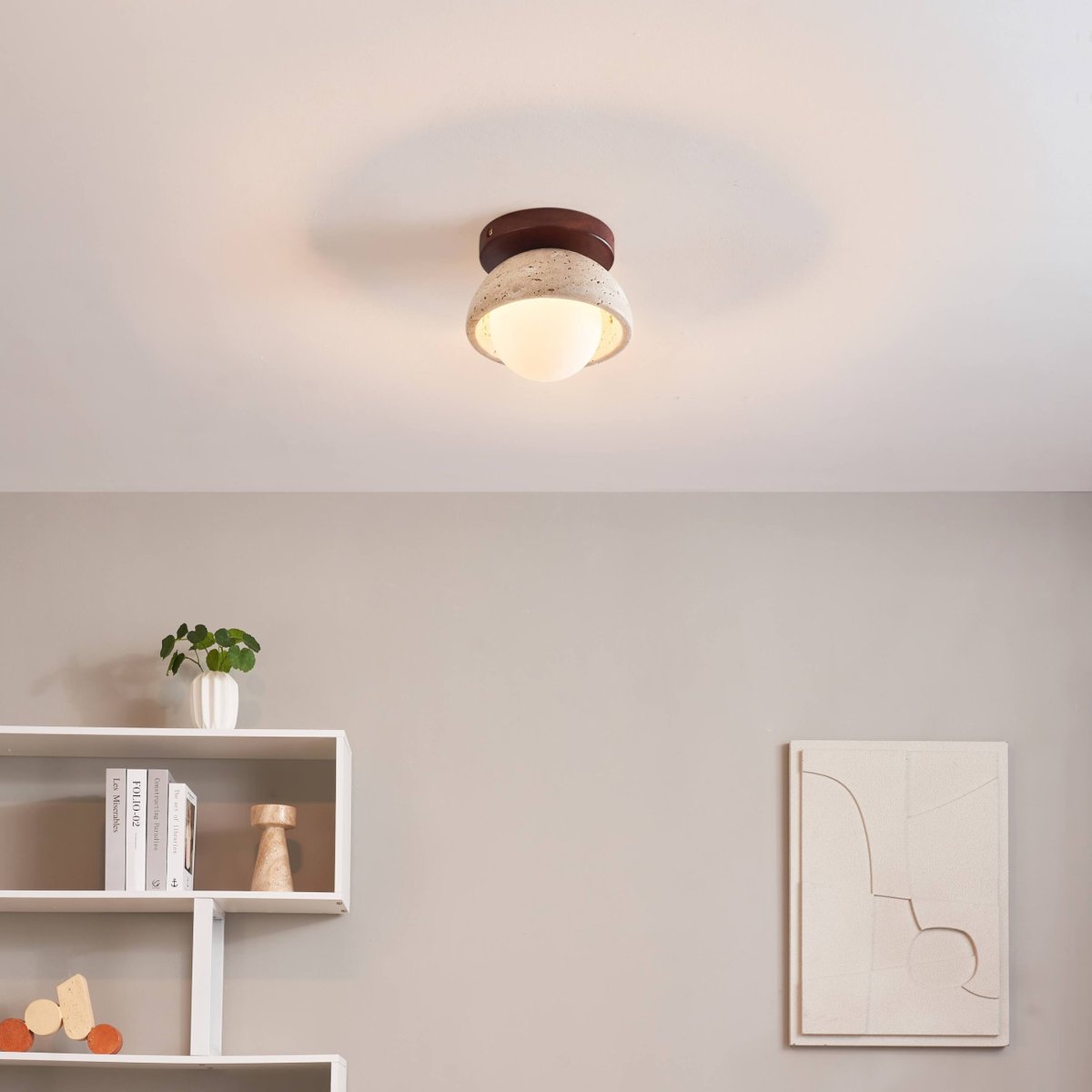 Applique ou plafonnier pierre et bois - PIETRA beige blanc et bois, KOSILUM