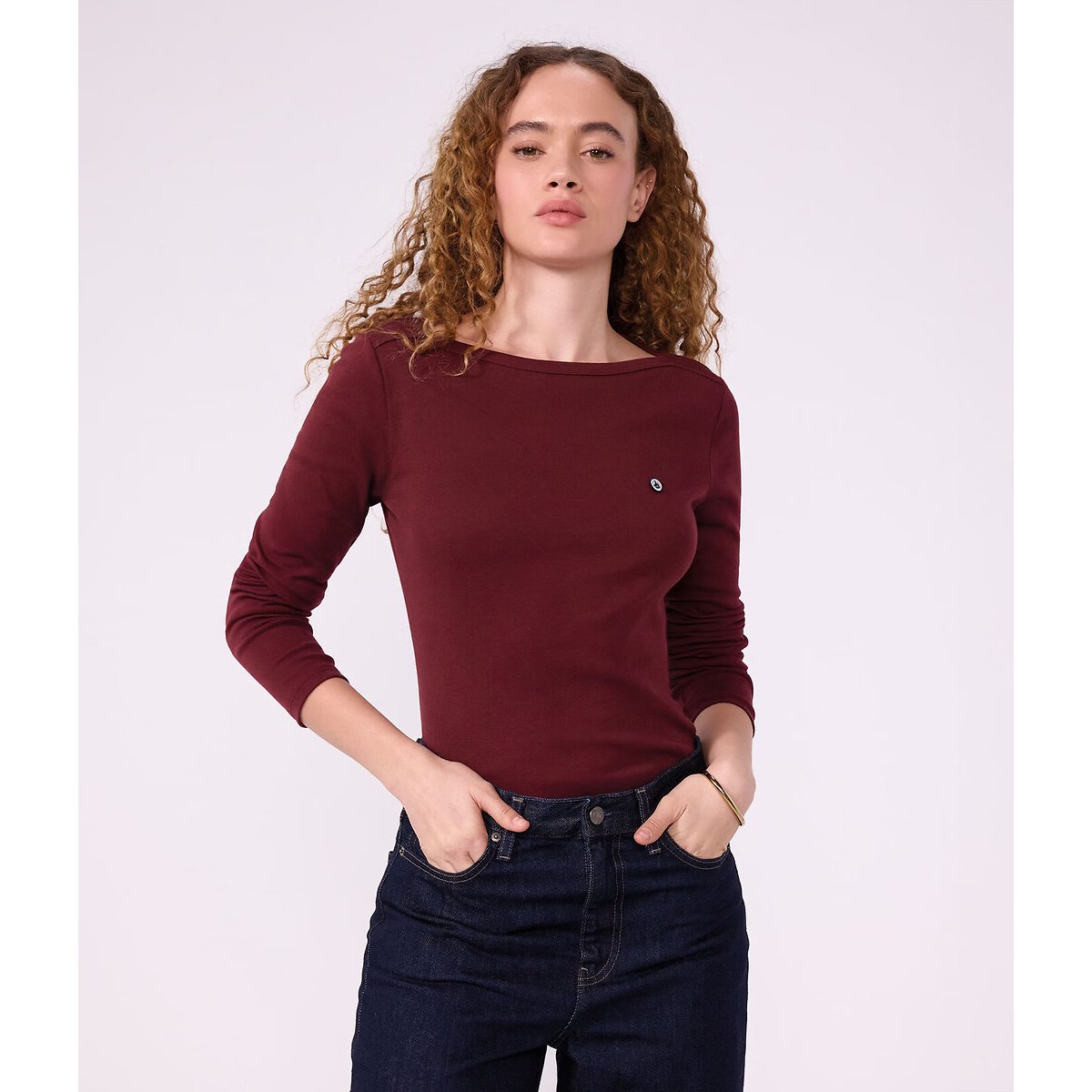Camiseta de manga larga con cuello marinero de algodón, Iconique burdeos, PETIT BATEAU