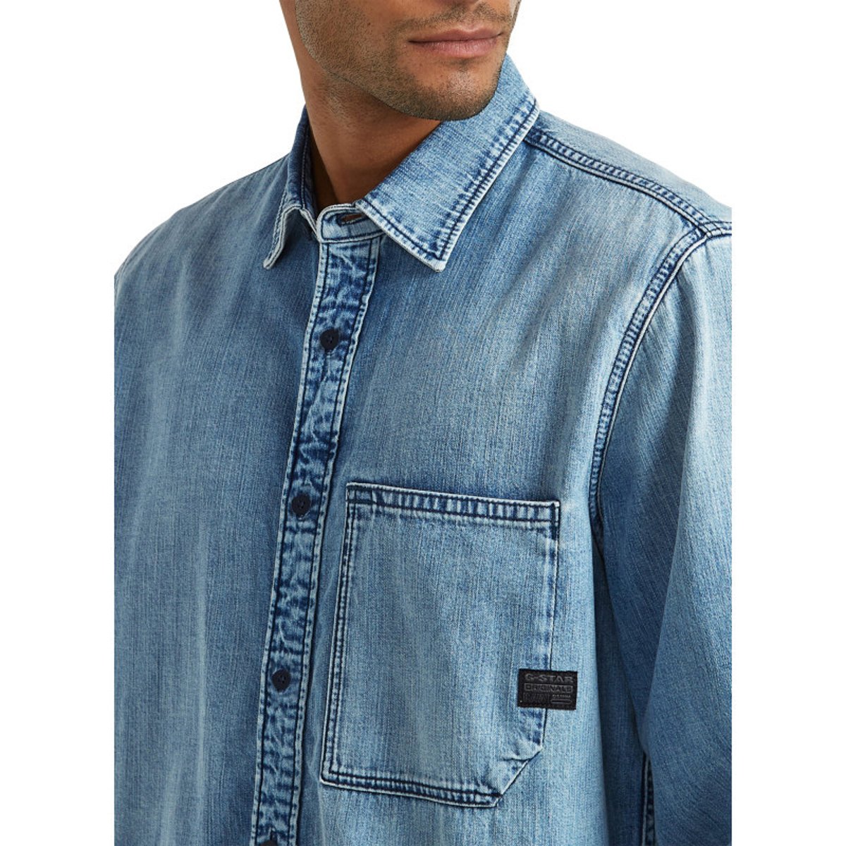 Chemise en jean en coton bleue unie avec une coupe droite et 1 poche bleu, G-Star RAW