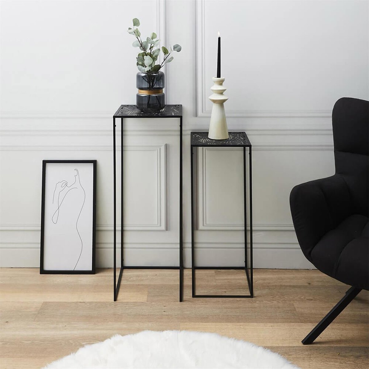 Lot de 2 sellettes en métal gigognes Havana noir, DECORATIE