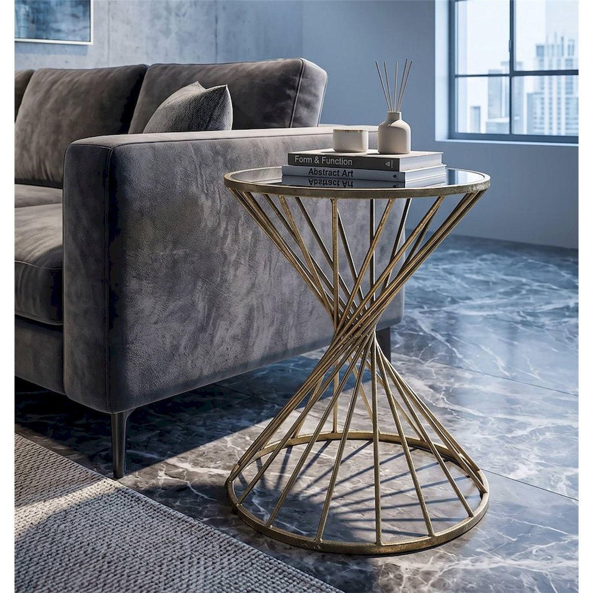 Table d'appoint ronde fer plateau verre GLAM doré et verre, RECOLLECTION