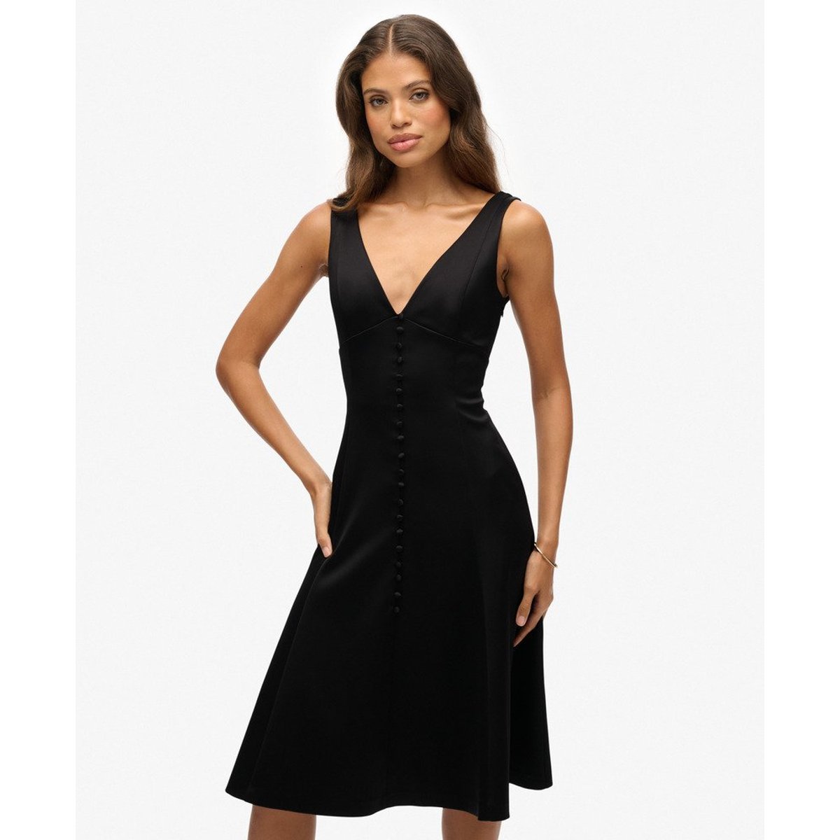 Robe Midi Satinée Col V noir, SUPERDRY