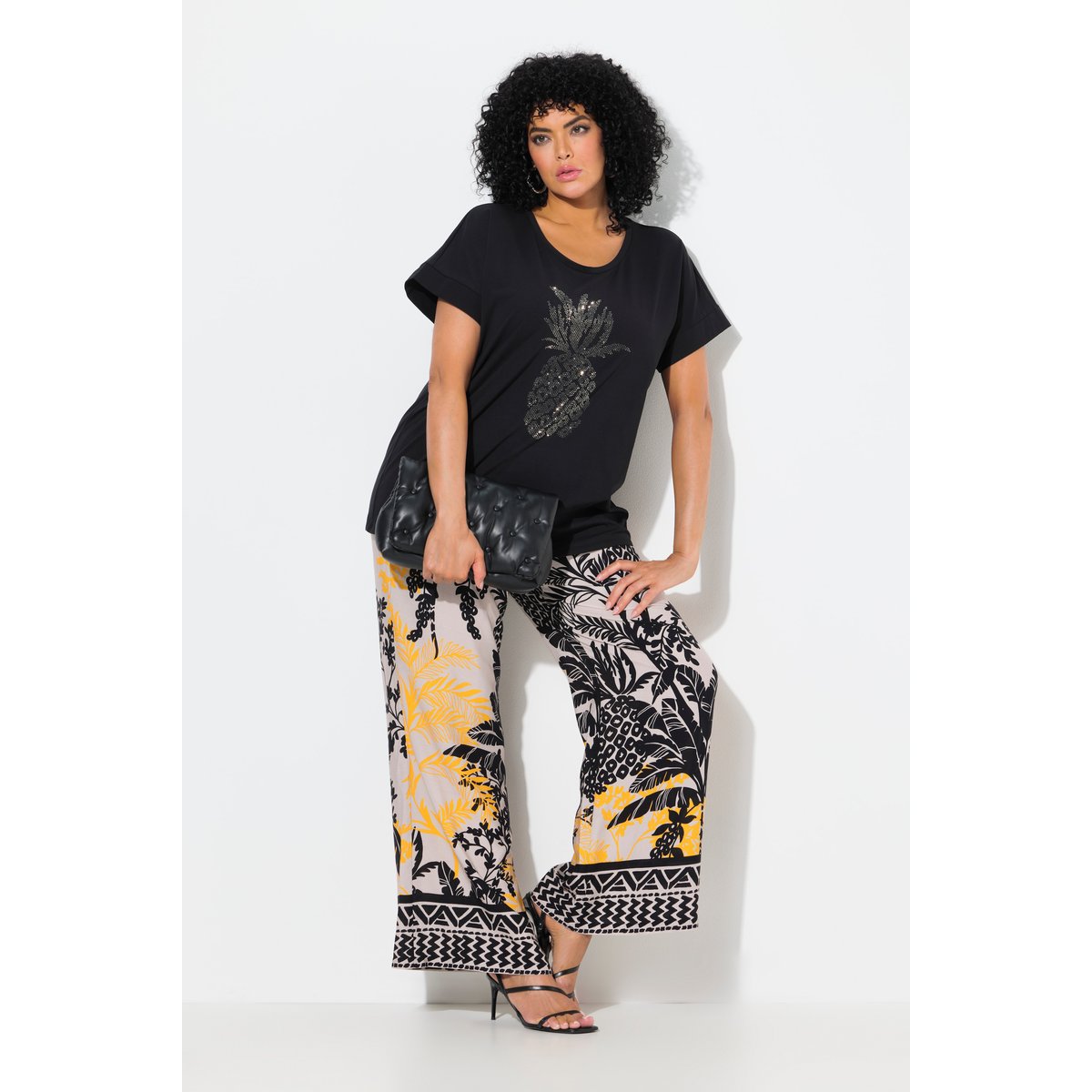 Pantalon à motif palmiers. Jambe droite et gris beige, ULLA POPKEN