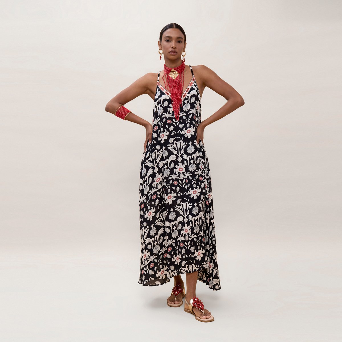 Robe longue imprimée à fines bretelles noir, LOLA CASADEMUNT