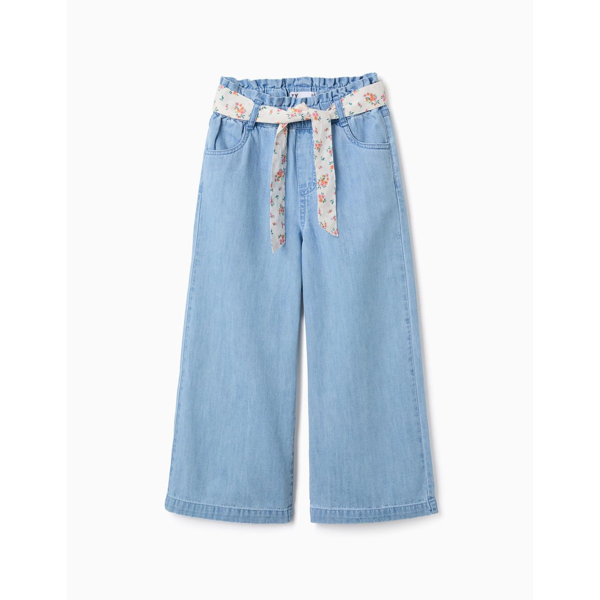 Pantalon en jean à jambe large avec ceinture à motif floral bleu, ZIPPY