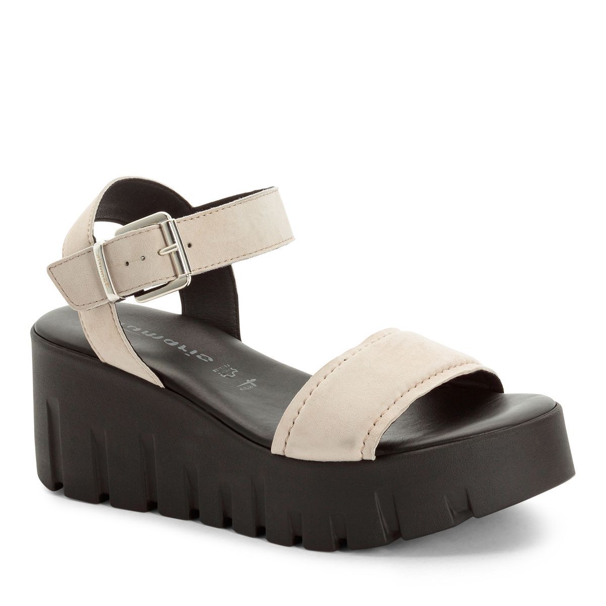 Sandales chunky compensées en cuir beige, TAMARIS